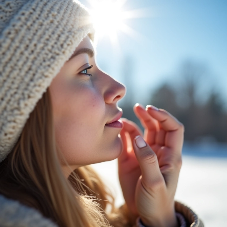 Mulher aplicando protetor solar no rosto em dia ensolarado de inverno.