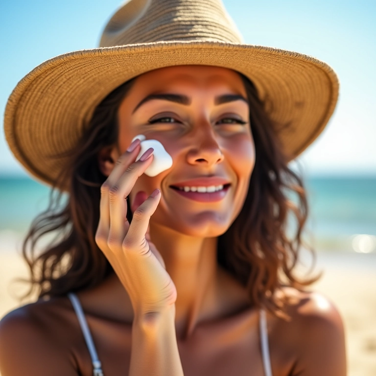 Mulher aplicando protetor solar no rosto em dia ensolarado na praia.