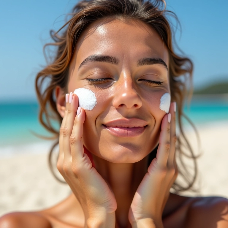 Mulher aplicando protetor solar no rosto na praia antes da maquiagem.