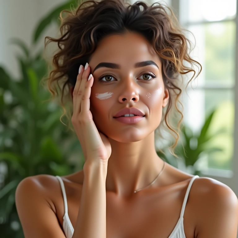 Mulher aplicando protetor solar oil-free no rosto com luz natural.