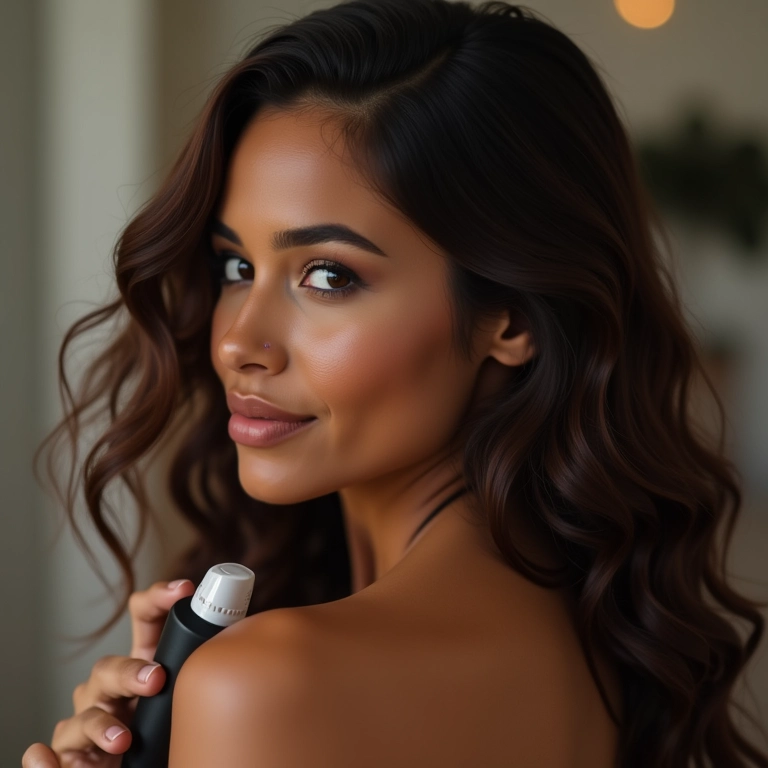 Mulher aplicando protetor térmico nos cabelos antes de usar modelador de cachos.