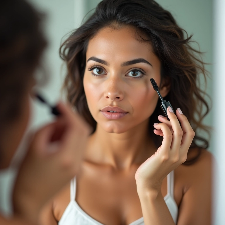 Mulher aplicando rímel à prova d'água.