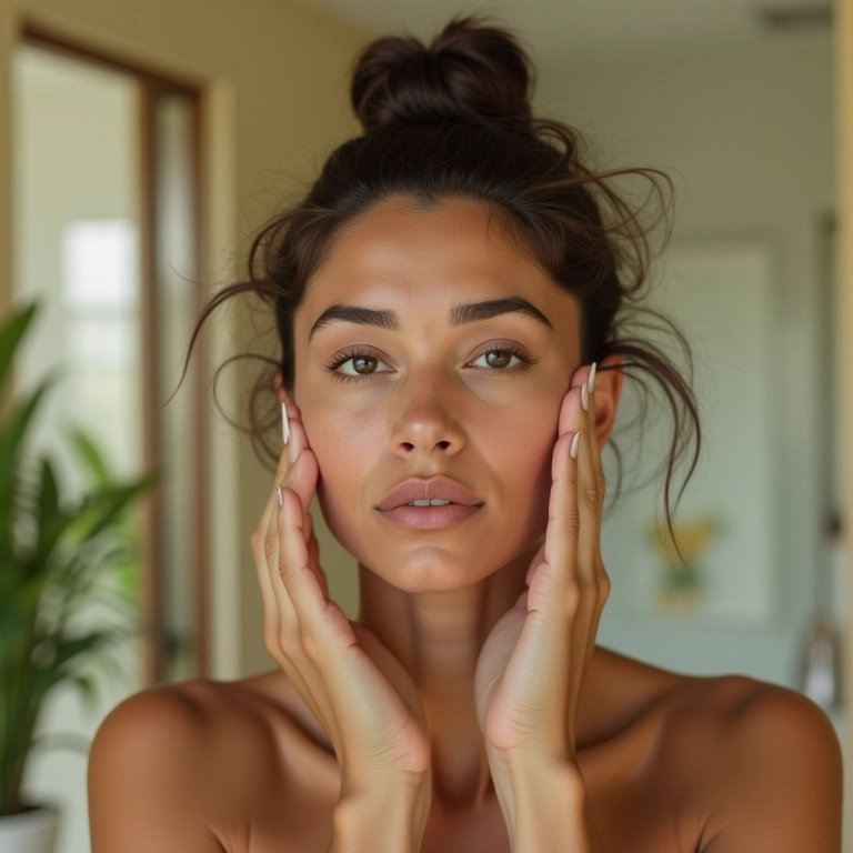 Mulher aplicando sérum anti-idade para pele mista em banheiro iluminado.