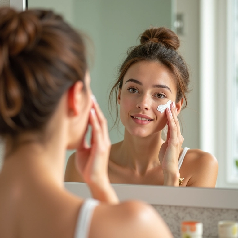 Mulher aplicando sérum antiacne Sallve no rosto em banheiro iluminado.