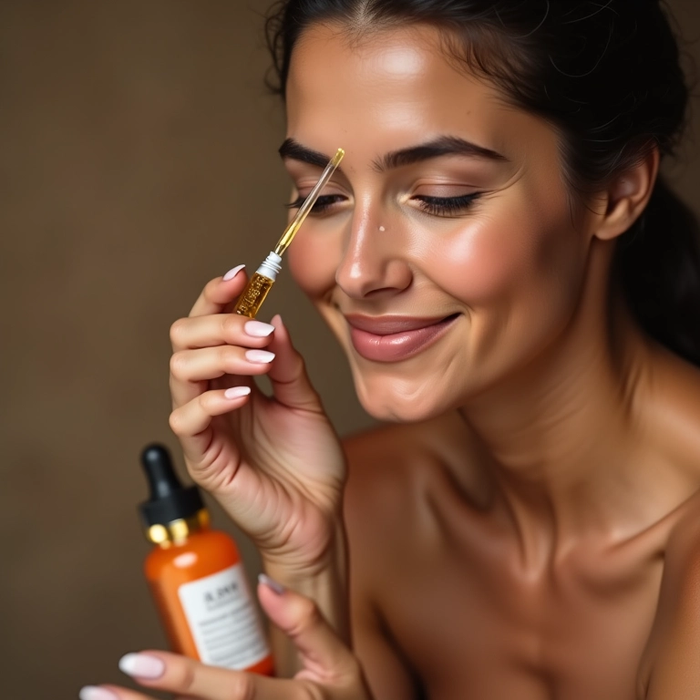 Mulher aplicando sérum antioxidante no rosto.