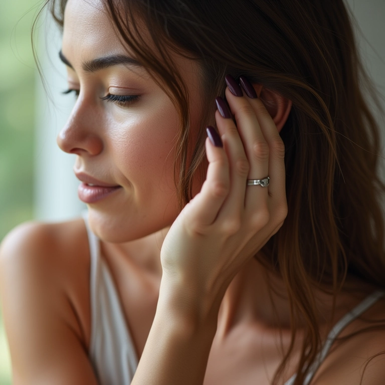 Mulher aplicando sérum capilar em cabelos finos.