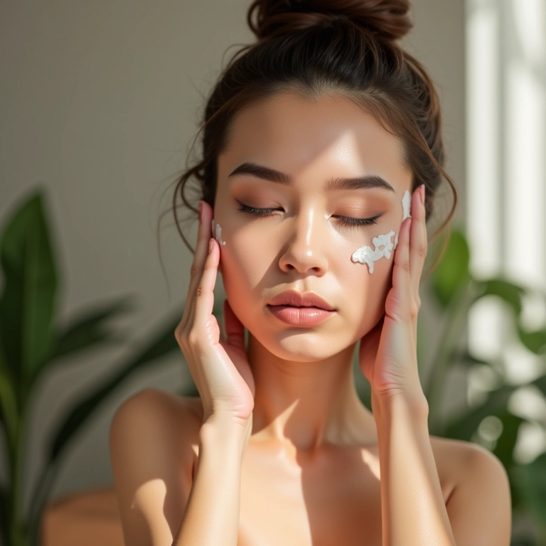 Mulher aplicando sérum da Creamy, pele lisa e uniforme.