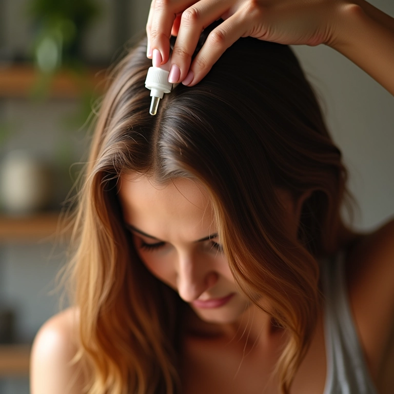 Mulher aplicando sérum de vitamina A no couro cabeludo para estimular o crescimento capilar.
