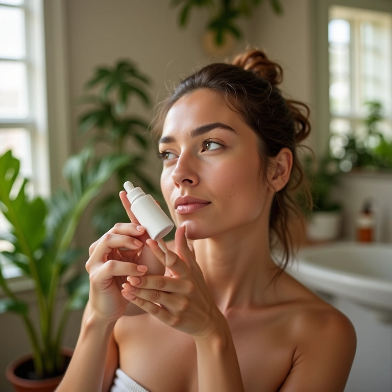 Mulher aplicando sérum facial em um banheiro iluminado com plantas.