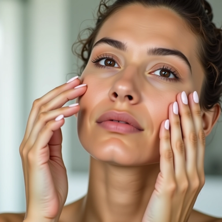 Mulher aplicando sérum, hidratante e protetor solar na rotina de skincare.