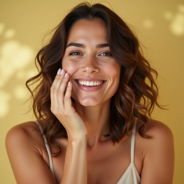 Mulher aplicando sérum hidratante leve nos cabelos.