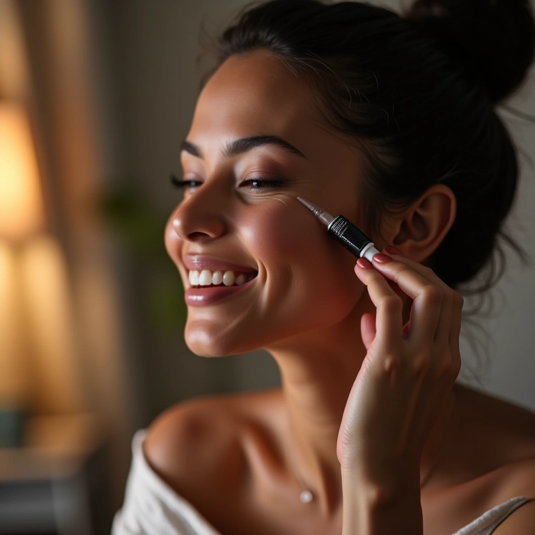 Mulher aplicando sérum Kiehl's Midnight Recovery Concentrate antes de dormir.