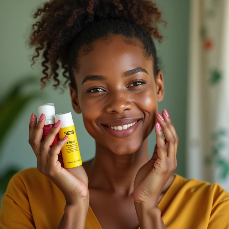 Mulher aplicando skincare com três produtos em banheiro iluminado.