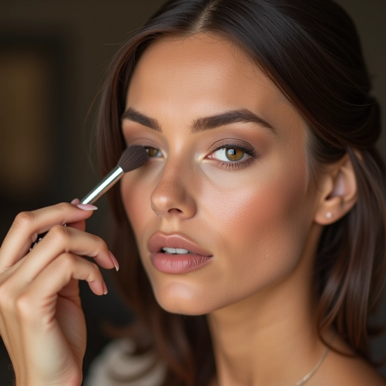 Mulher aplicando sombra neutra em olhos amendoados.