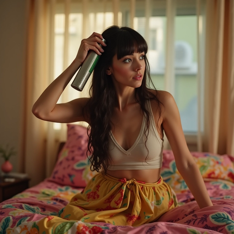 Mulher aplicando spray fixador na franja cortina em quarto bem iluminado com colcha colorida em estilo brasileiro.