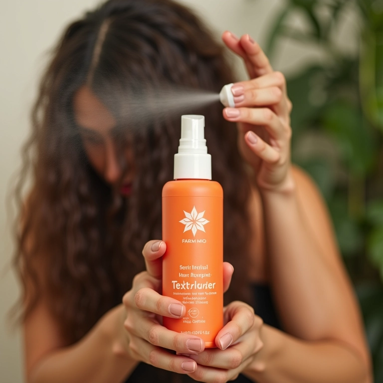 Mulher aplicando spray texturizador nos cabelos.