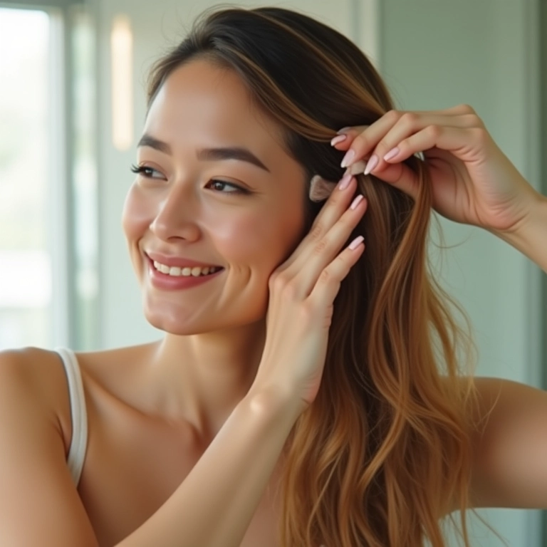 Mulher aplicando tonalizante no cabelo para reavivar a cor.