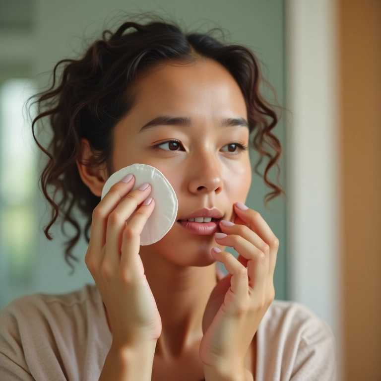 Mulher aplicando tônico adstringente no rosto com algodão.