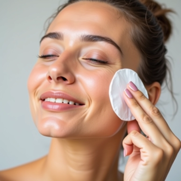 Mulher aplicando tônico facial com um algodão suavemente.