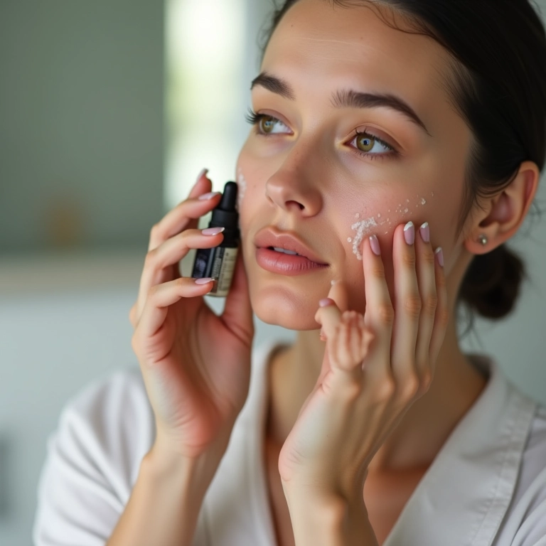 Mulher aplicando vitamina C no rosto após microagulhamento facial.