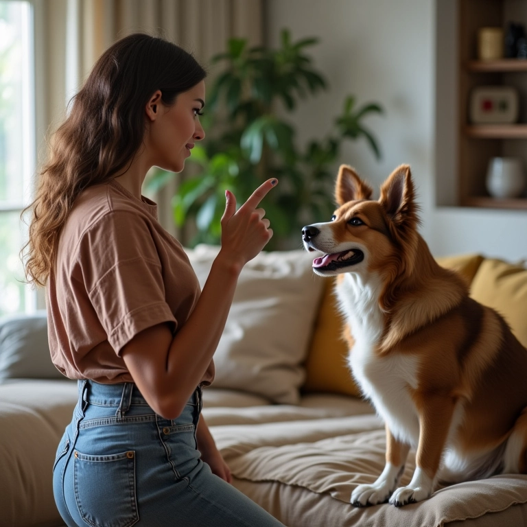 Mulher apontando o dedo, demonstrando limites a um cão que está no sofá em uma sala de estar brasileira.