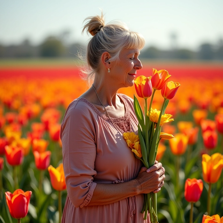 Mulher apreciando as flores em Holambra, SP.
