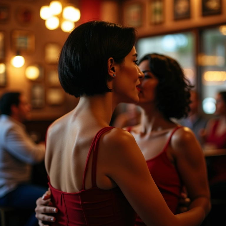Mulher apreciando show de tango em café tradicional de Buenos Aires.