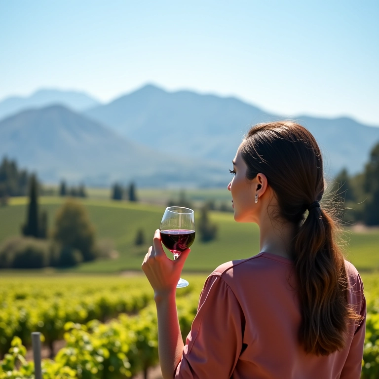 Mulher apreciando vinho com vista para os Andes