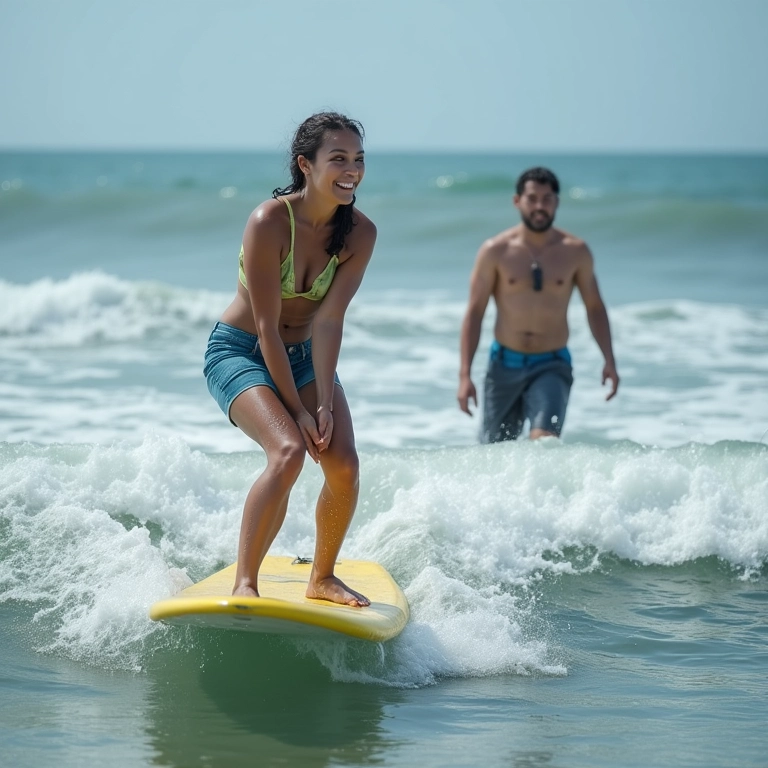 Mulher aprendendo a surfar com instrutor local.