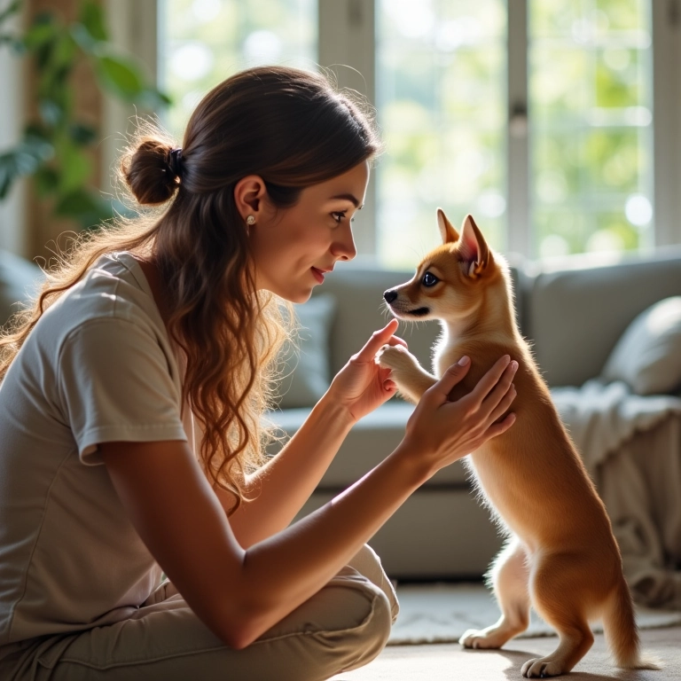 Mulher apresentando gentilmente um cão pequeno a um novo gatinho em uma sala de estar com decoração brasileira.