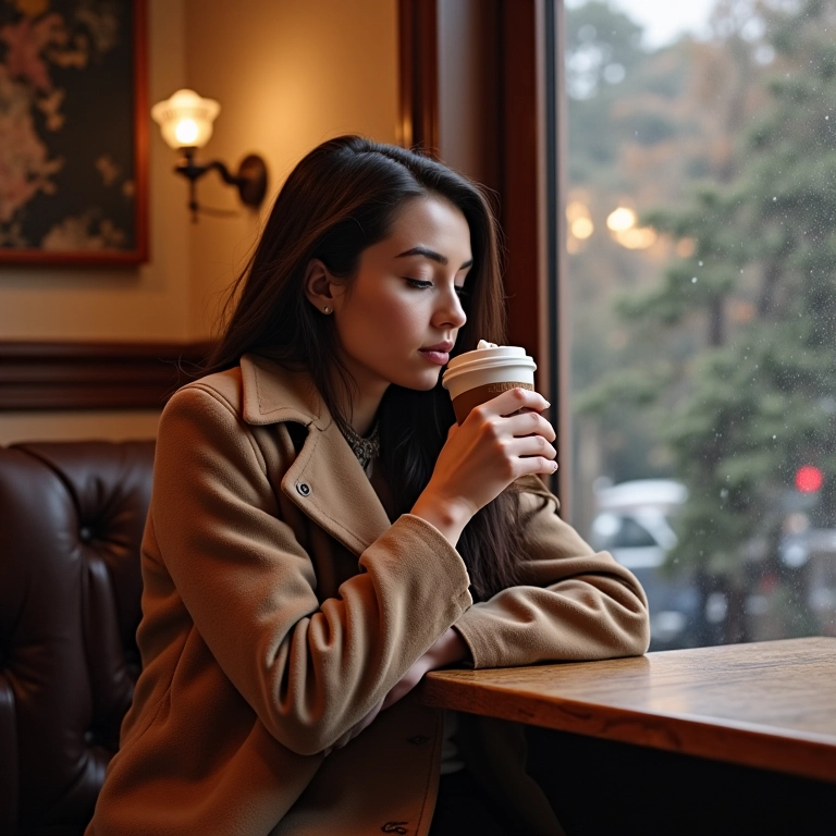 Mulher aproveitando chocolate quente em café aconchegante em Curitiba no inverno.