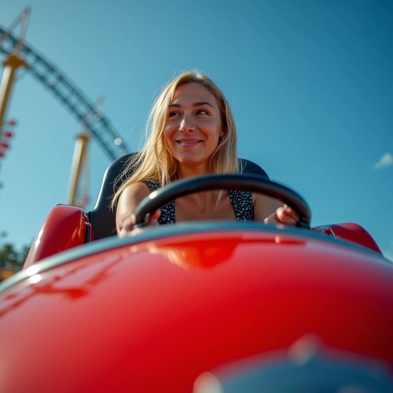 Mulher aproveitando montanha-russa emocionante em parque temático de Orlando.