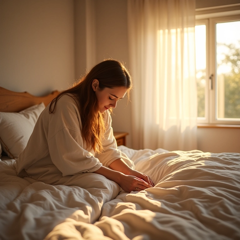 Mulher arrumando a cama em quarto iluminado, rotina matinal simplificada.
