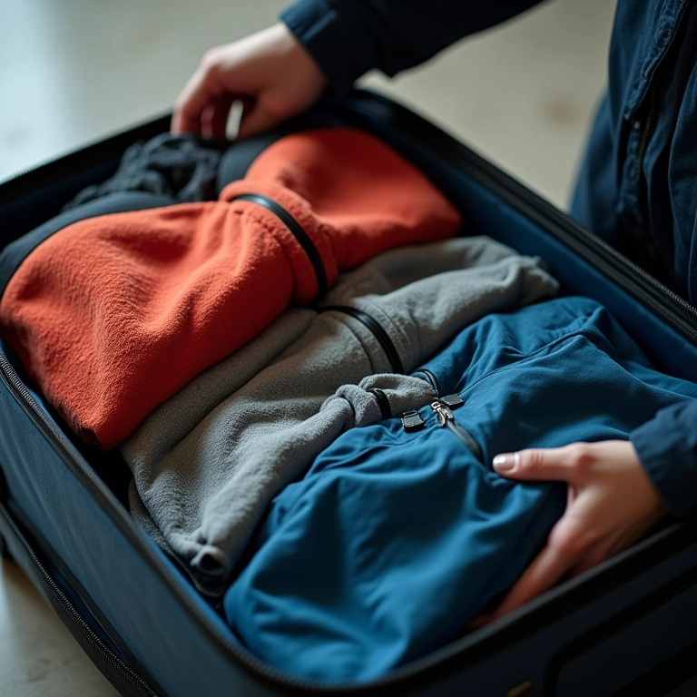 Mulher arrumando mala com roupas em camadas para o Atacama.