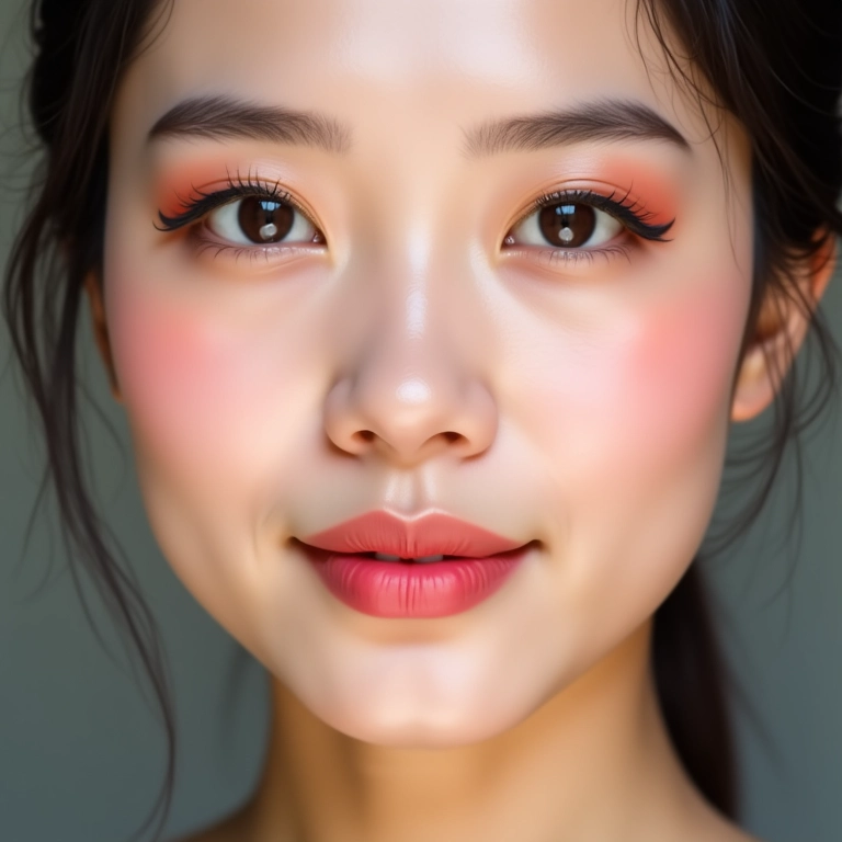 Mulher asiática com maquiagem vibrante nos olhos.