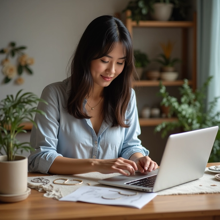 Mulher asiática embalando joias artesanais para venda em sua loja virtual própria.