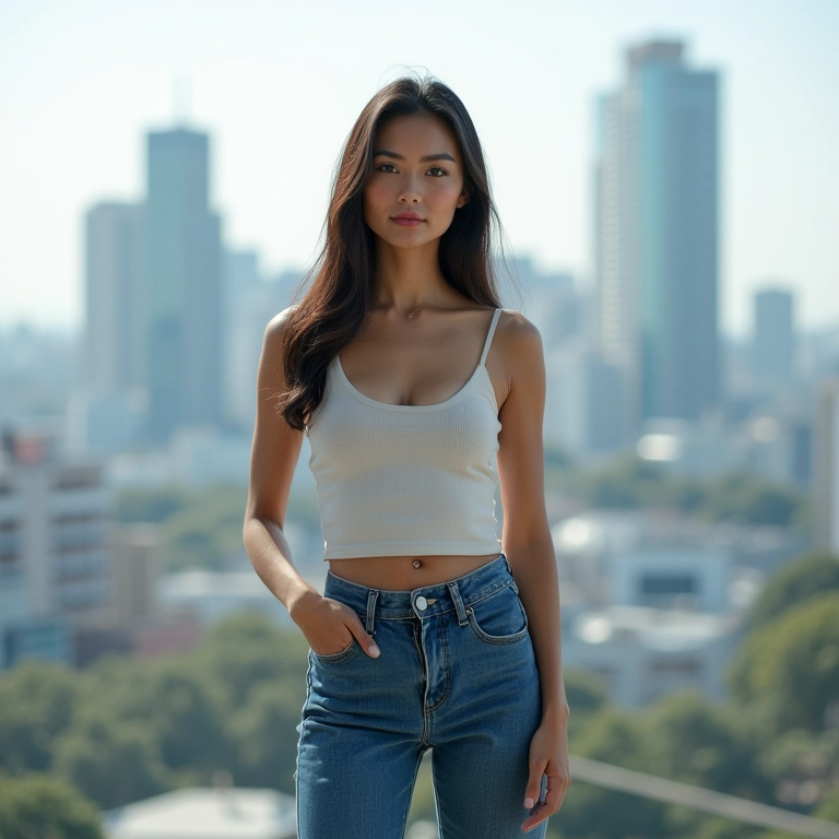 Mulher asiático-brasileira usando calça jeans reta com a paisagem urbana de São Paulo ao fundo.