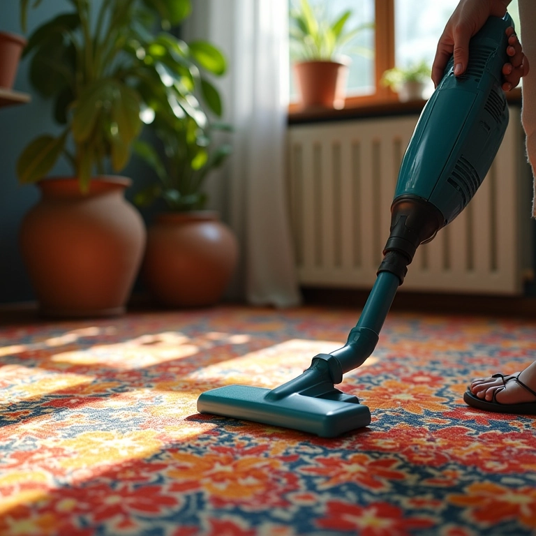 Mulher aspirando tapete colorido em casa com decoração brasileira.