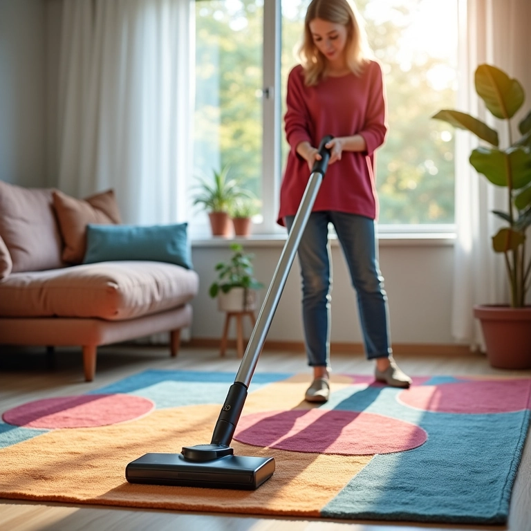 Mulher aspirando um tapete colorido em uma sala de estar iluminada.