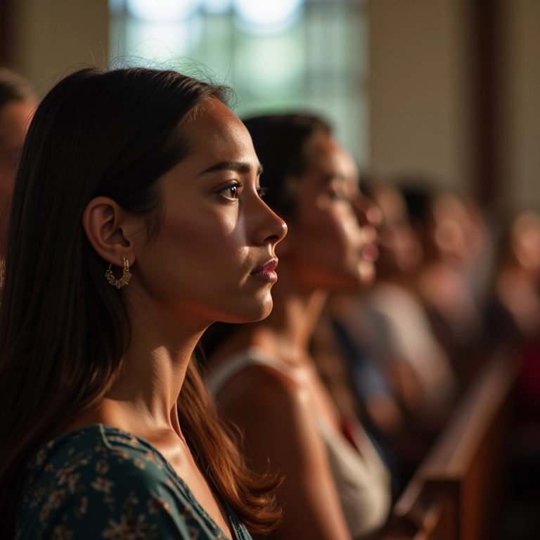 Mulher assistindo a um culto religioso em igreja.