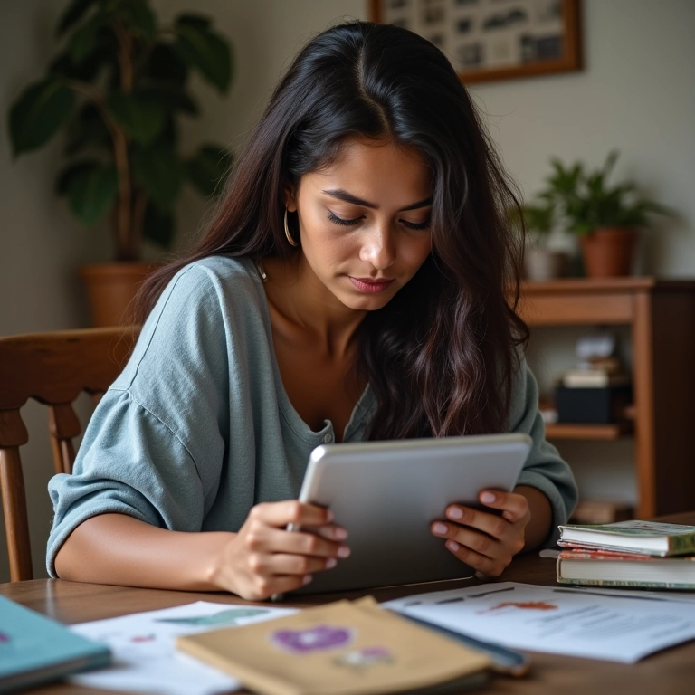 Mulher assistindo tutorial de cartonagem em tablet.