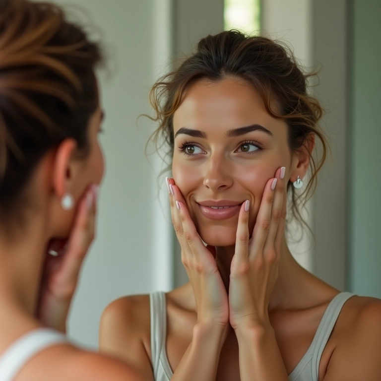Mulher avaliando sua pele no espelho em um banheiro minimalista.