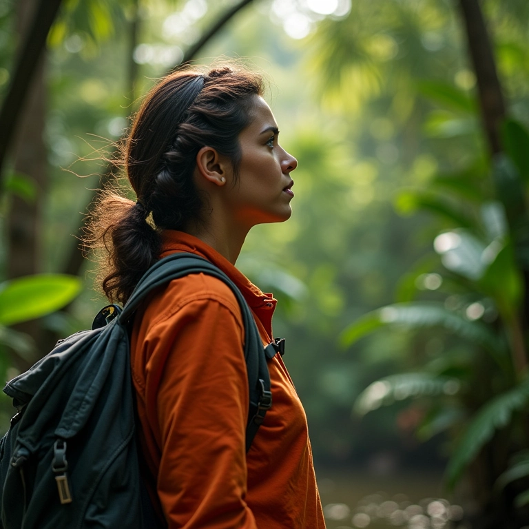 Mulher aventureira explorando Manaus, com a floresta Amazônica ao fundo.