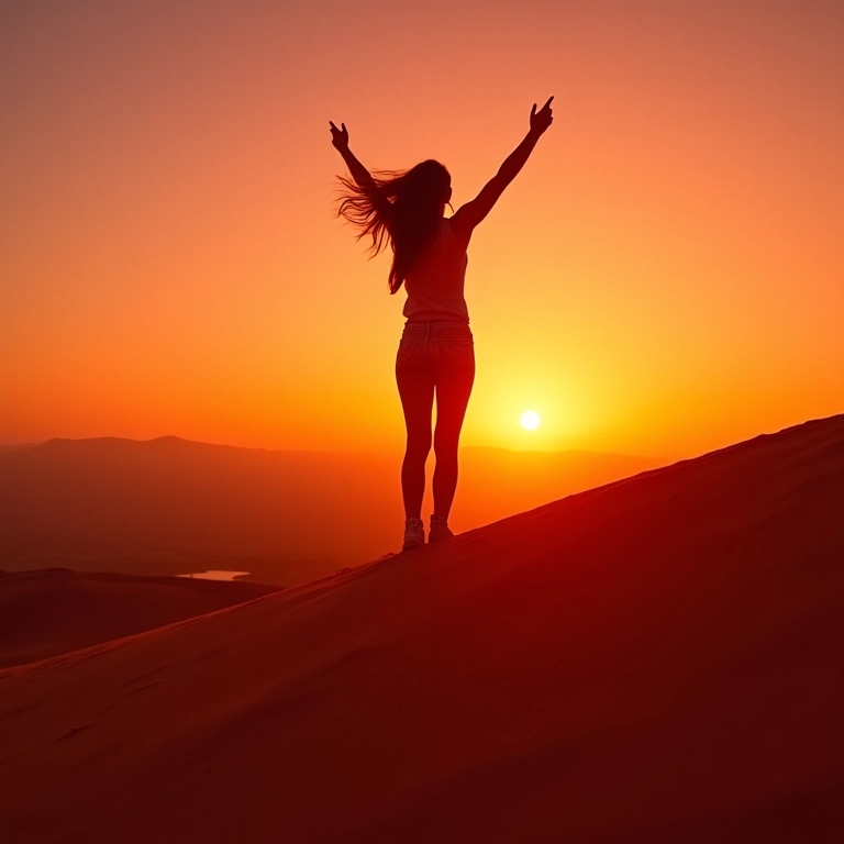 Mulher aventureira no topo de duna no Deserto do Atacama ao pôr do sol.