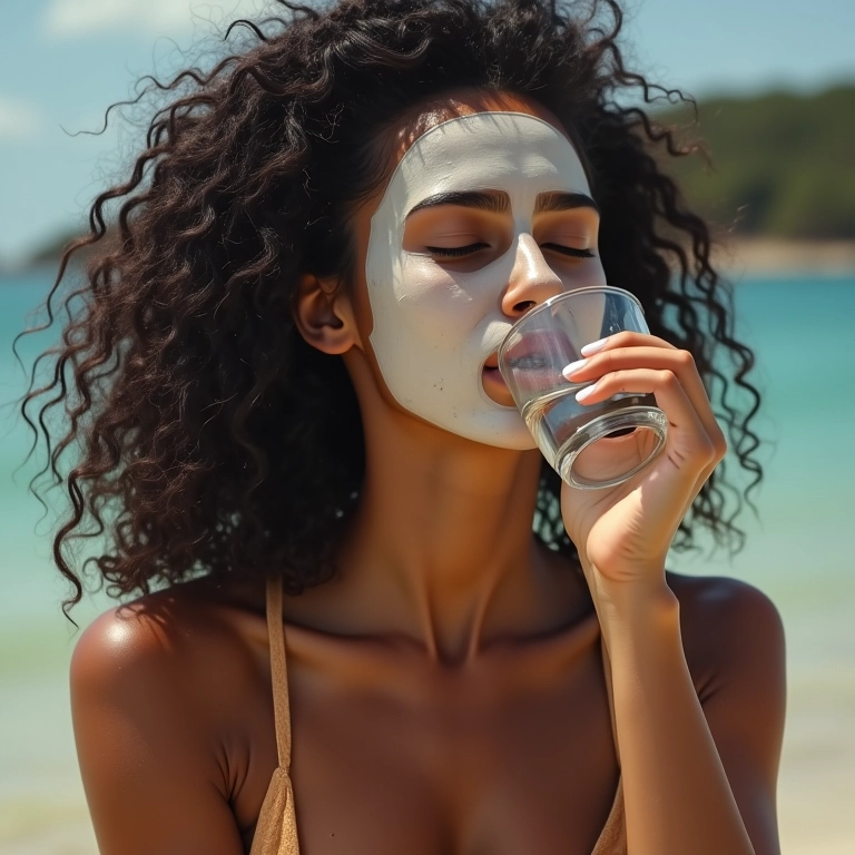 Mulher bebendo água com máscara de hidratação no cabelo.