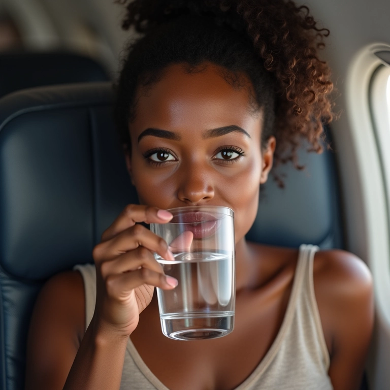 Mulher bebendo água em voo para hidratação interna.