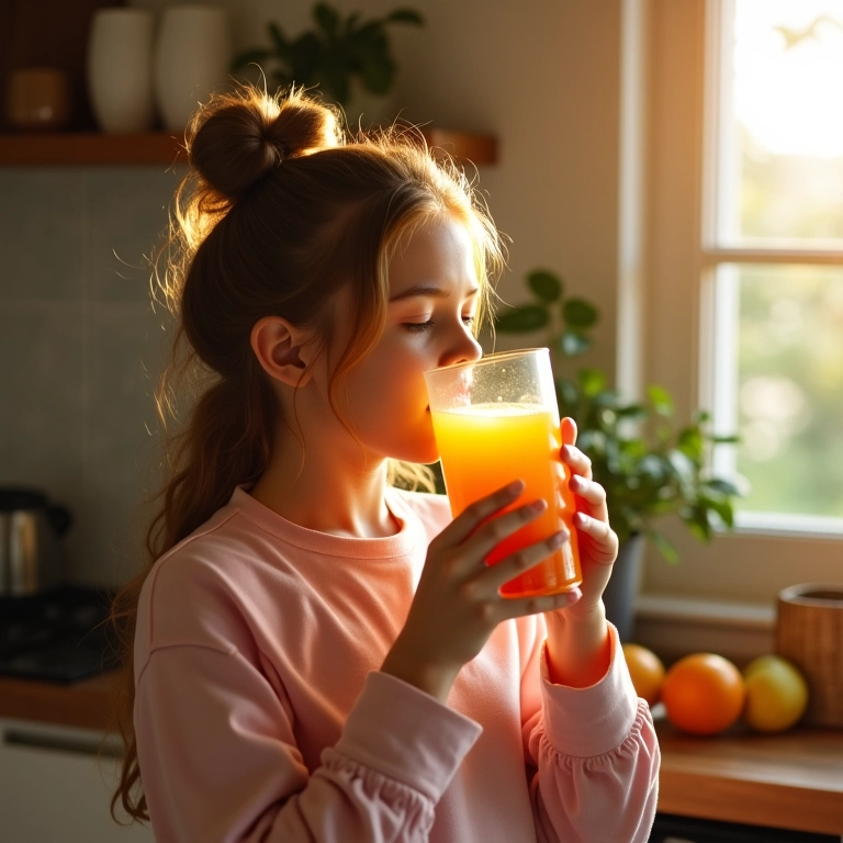 Mulher bebendo suco de laranja, fonte de vitamina C, para fortalecer os cabelos.