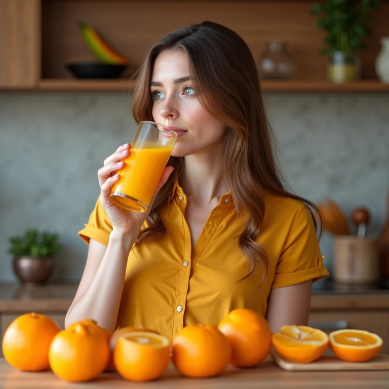 Mulher bebendo suco de laranja, representando a vitamina C e seus benefícios antioxidantes para o cabelo.