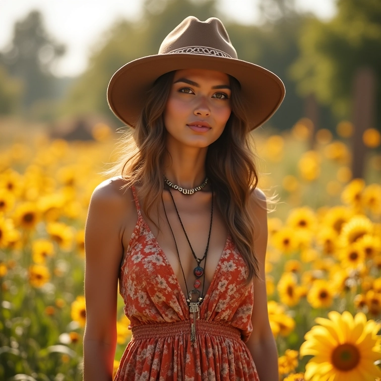 Mulher boho chic com chapéu bowler em jardim florido brasileiro.