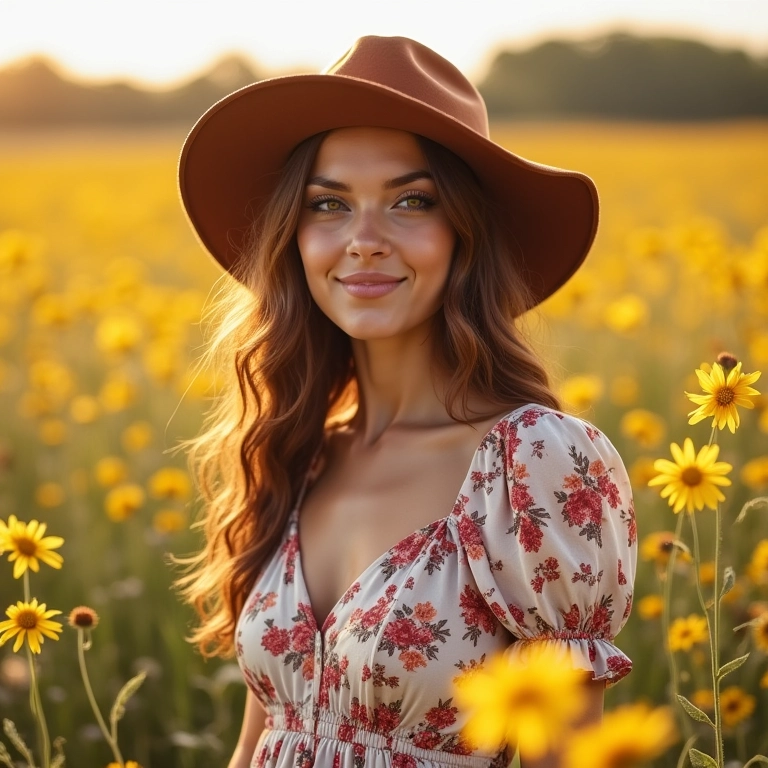 Mulher boho chic com chapéu Hatter e vestido floral em campo de flores silvestres.